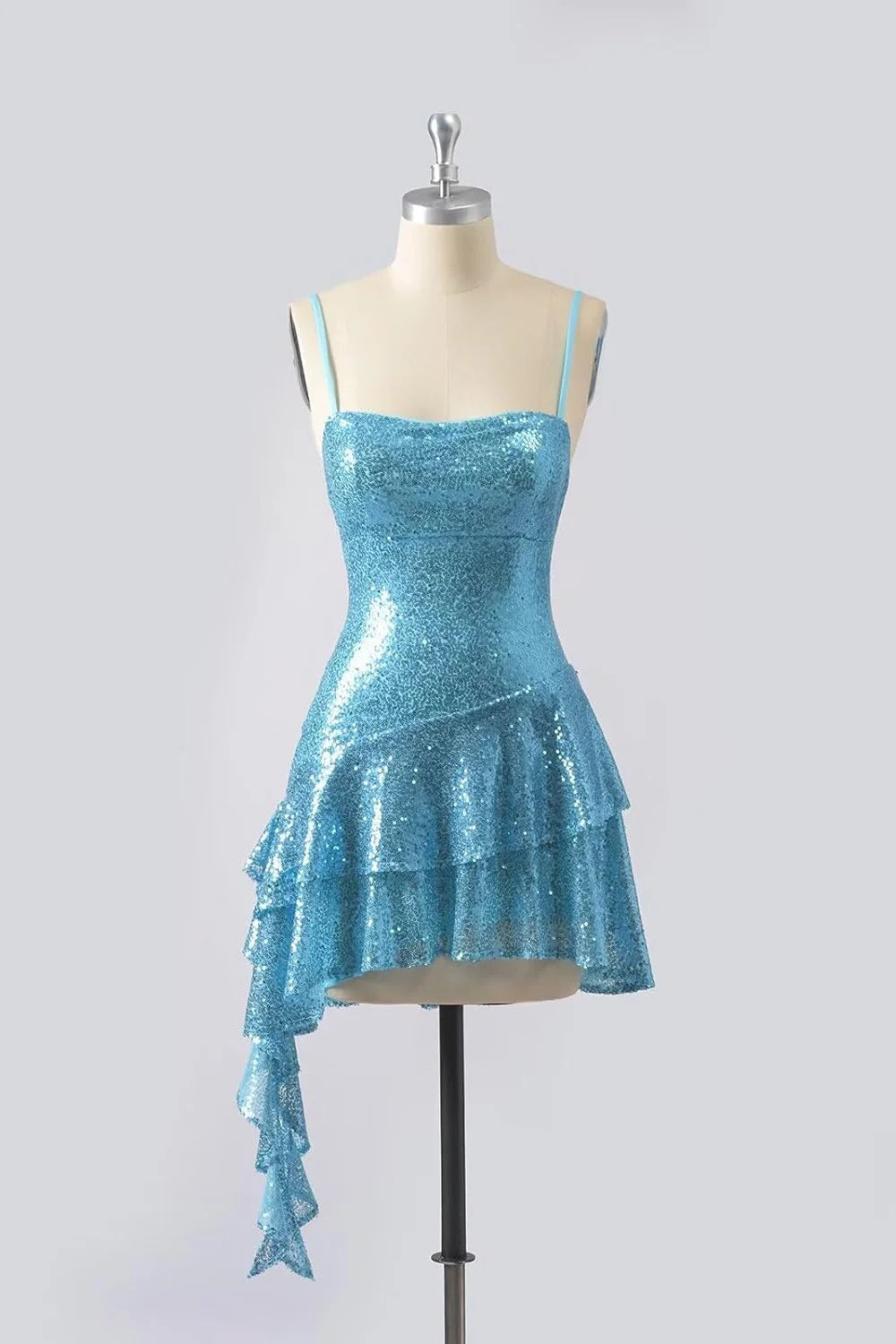 Spaghetti Straps Blue Sequins A Line Ruffled Homecoming Dress J11228