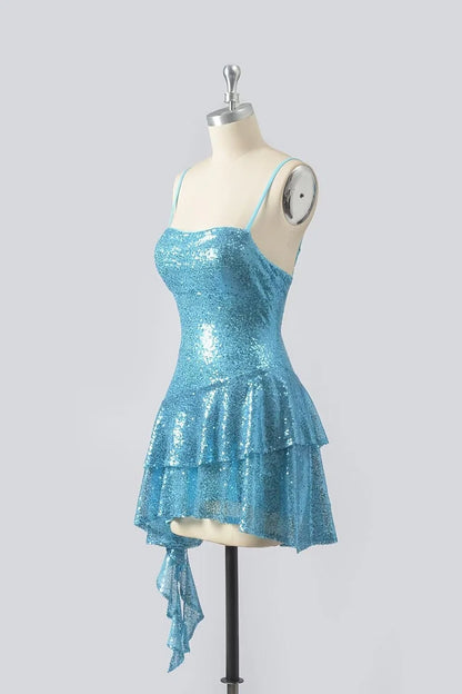 Spaghetti Straps Blue Sequins A Line Ruffled Homecoming Dress J11228