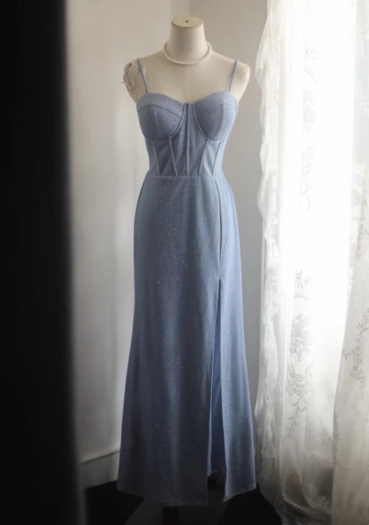 Trägerloses silbernes Vintage-Abendkleid, A-Linie, Geburtstagskleid J9370