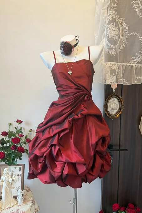Spaghetti Straps Burgundy A Line Retro Birthday Dress  J11717