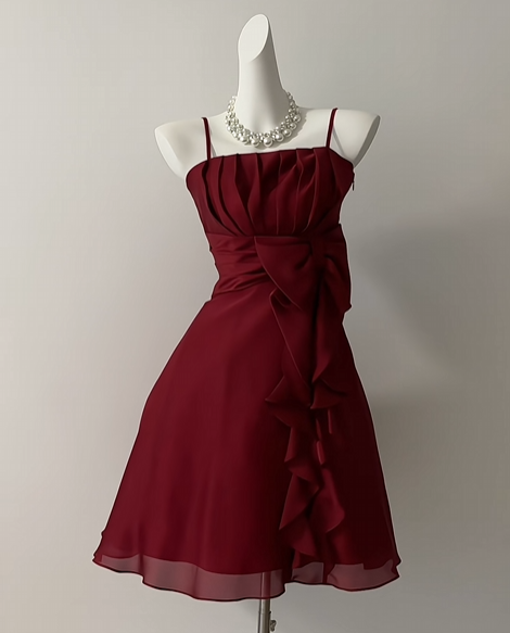 Spaghetti Straps Burgundy Chiffon Homecoming Dress Short Party Dress  J10821