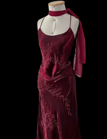 Spaghetti Straps Burgundy Retro Beaded Prom Dress  J12082