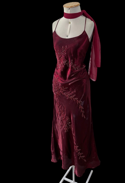 Spaghetti Straps Burgundy Retro Beaded Prom Dress  J12082