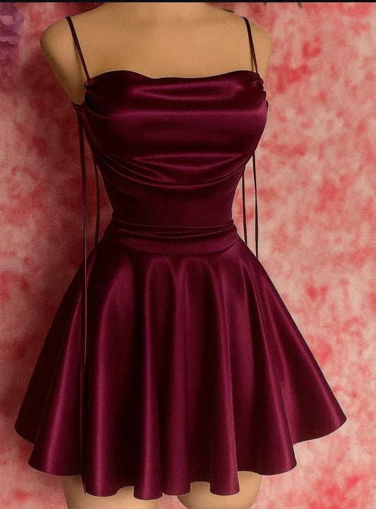 Spaghetti Straps Burgundy Satin Homecoming Dress Party Dress  J11067