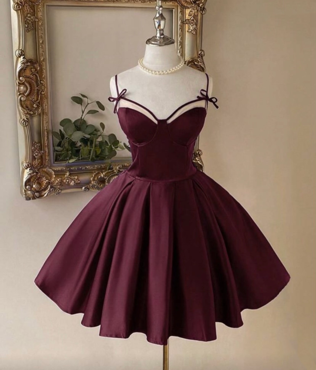 Spaghetti Straps Burgundy Satin Homecoming Dress Short Birthday Dress  J11358