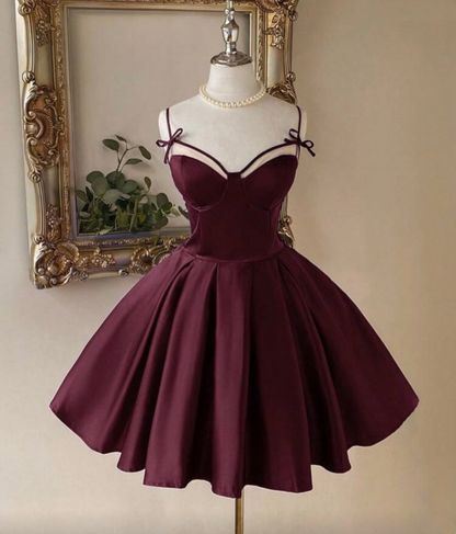 Spaghetti Straps Burgundy Satin Homecoming Dress Short Birthday Dress  J11358