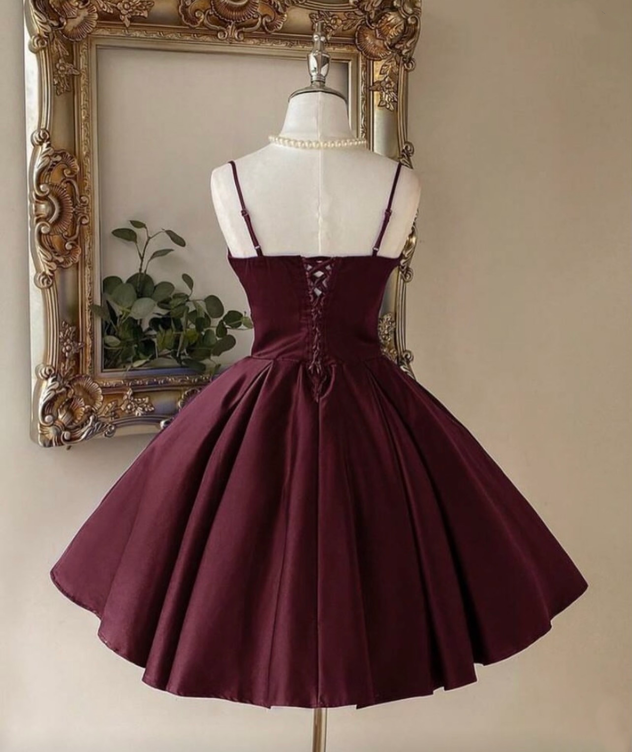Spaghetti Straps Burgundy Satin Homecoming Dress Short Birthday Dress  J11358