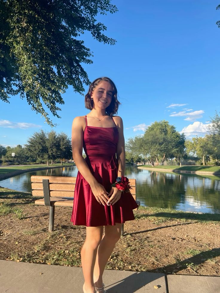 Spaghetti Straps Burgundy Satin Homecoming Dress Short Party Dress  J11494