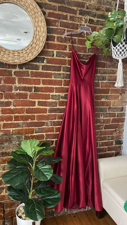 Spaghetti Straps Burgundy Satin Prom Dress Backless Evening Dress With Slit J9806