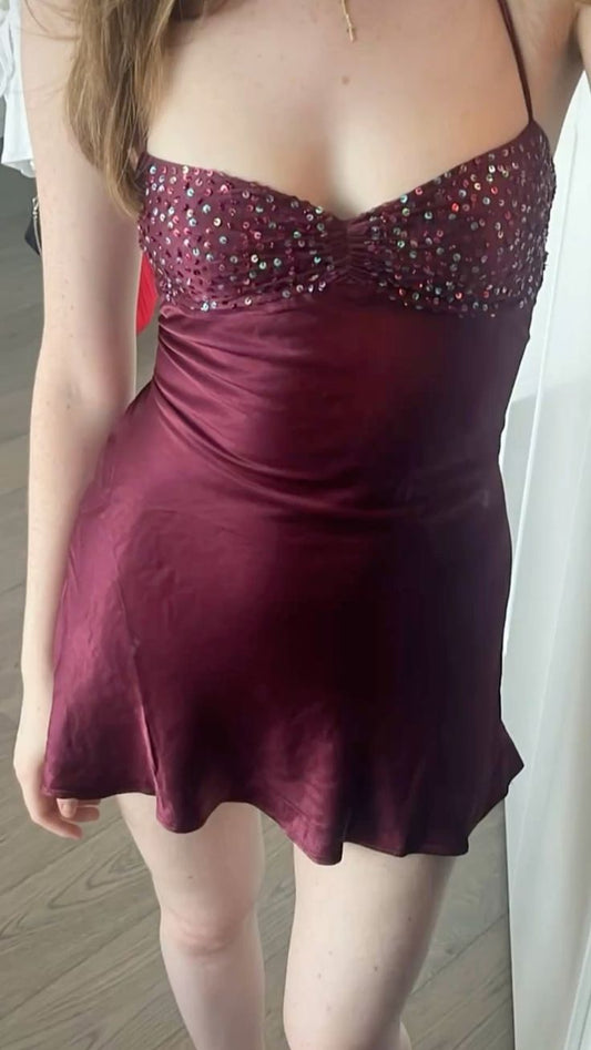 Spaghetti Straps Burgundy Satin Short Homecoming Dress  J11091