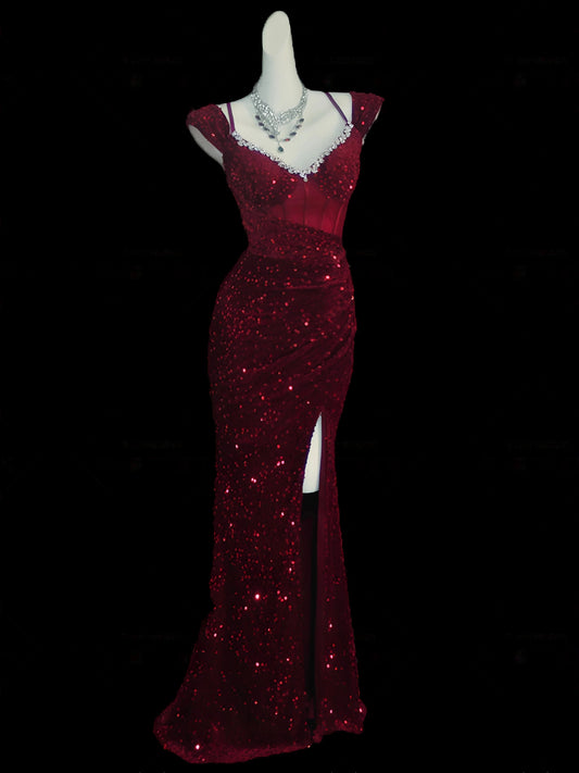 Spaghetti Straps Burgundy Sequin Formal  Prom Dress with Slit  J11737