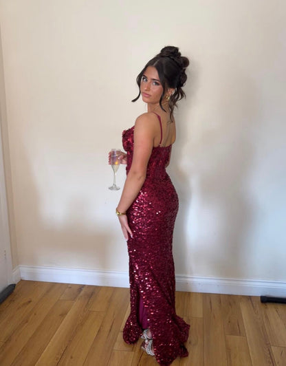 Spaghetti Straps Burgundy Sequin Senior Prom Dress With Slit  J11786