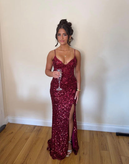Spaghetti Straps Burgundy Sequin Senior Prom Dress With Slit  J11786
