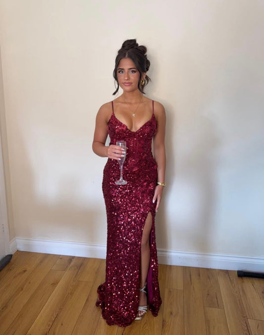 Spaghetti Straps Burgundy Sequin Senior Prom Dress With Slit  J11786