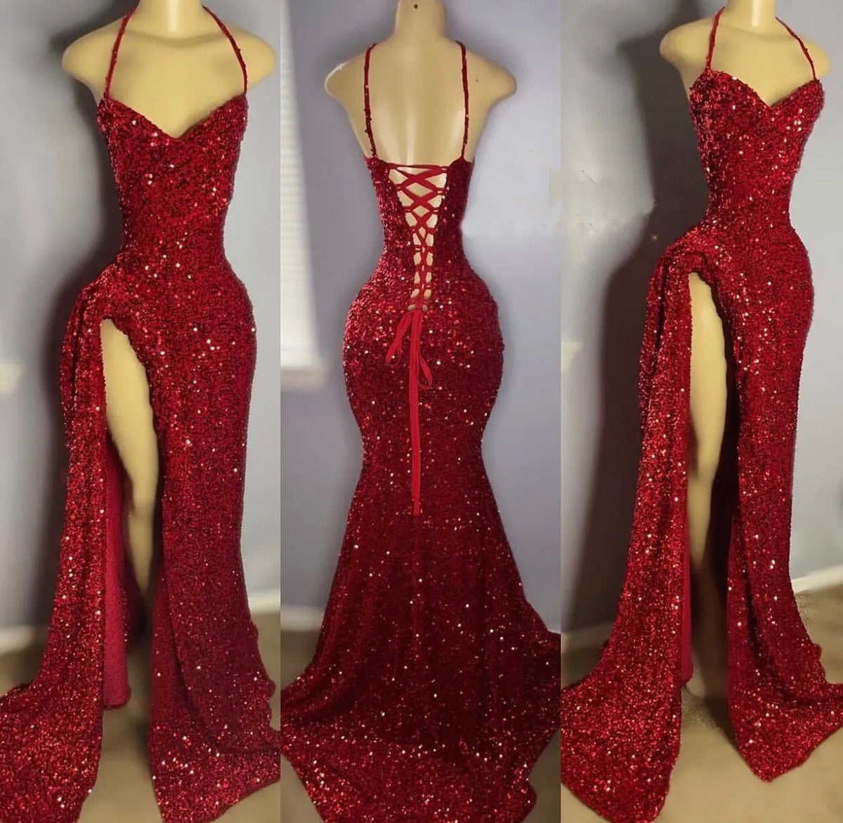 Spaghetti Straps Burgundy Sequins Mermaid Prom Dress With Slit J12184