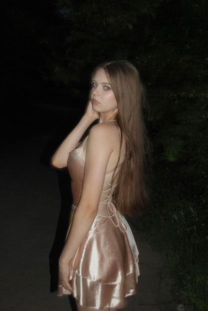 Trägerloses silbernes Vintage-Abendkleid, A-Linie, Geburtstagskleid J9370