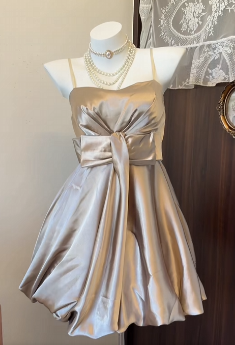 Spaghetti Straps Champagne Satin Homecoming Dress With Bow Knot  J11167