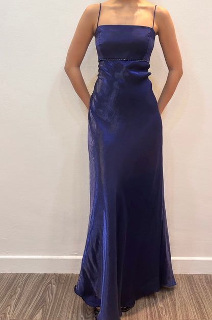 Spaghetti Straps Dark Blue Retro Formal Prom Dress  J11963