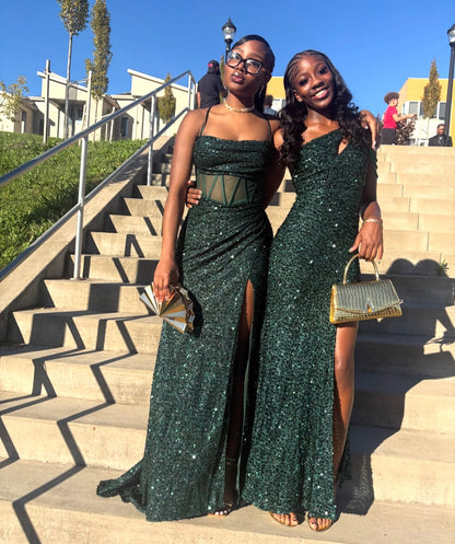 Spaghetti Straps Dark Green Sequins Mermaid Prom Dress With Slit  J12194