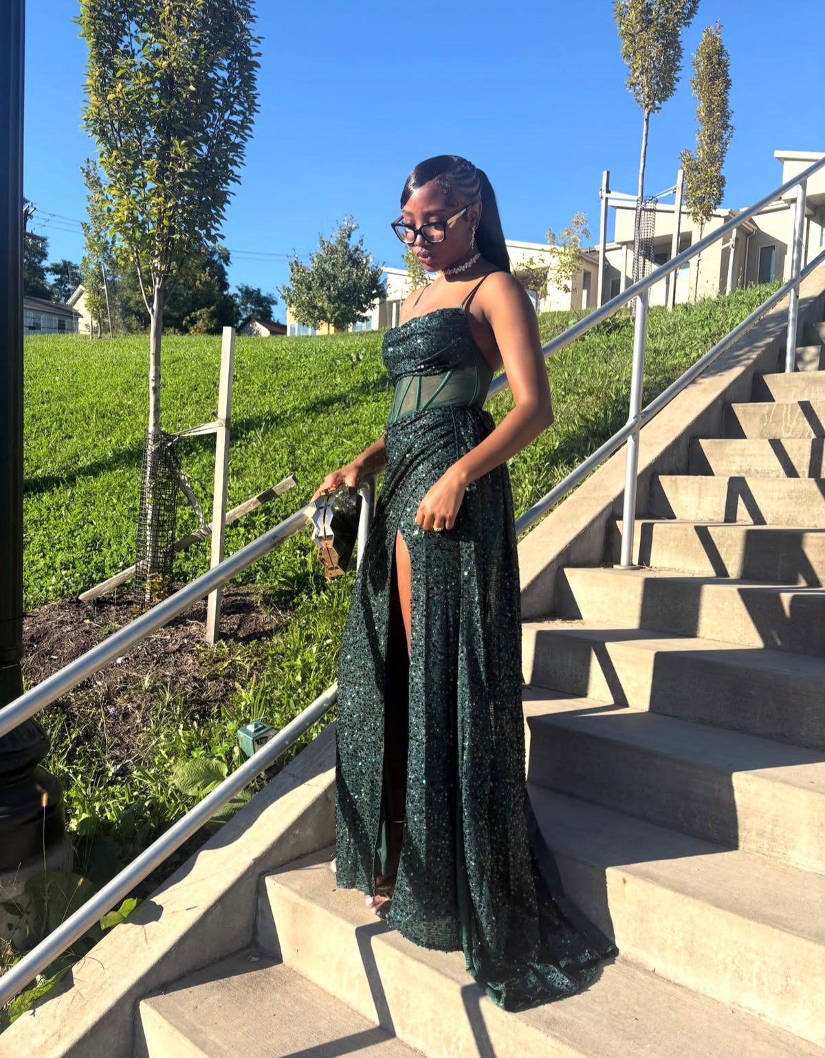 Spaghetti Straps Dark Green Sequins Mermaid Prom Dress With Slit  J12194