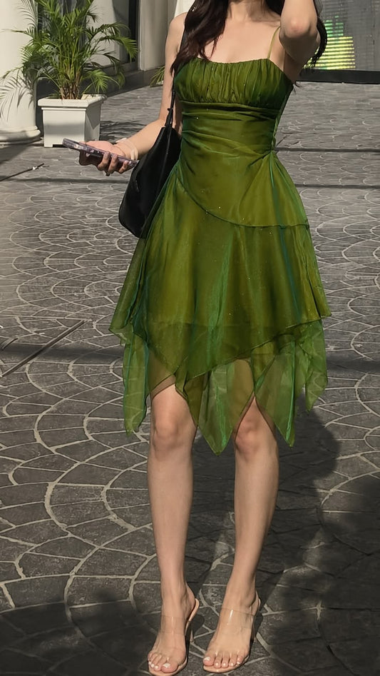 Spaghetti Straps Green A Line Homecoming Dress Organza Party Dress  J11066