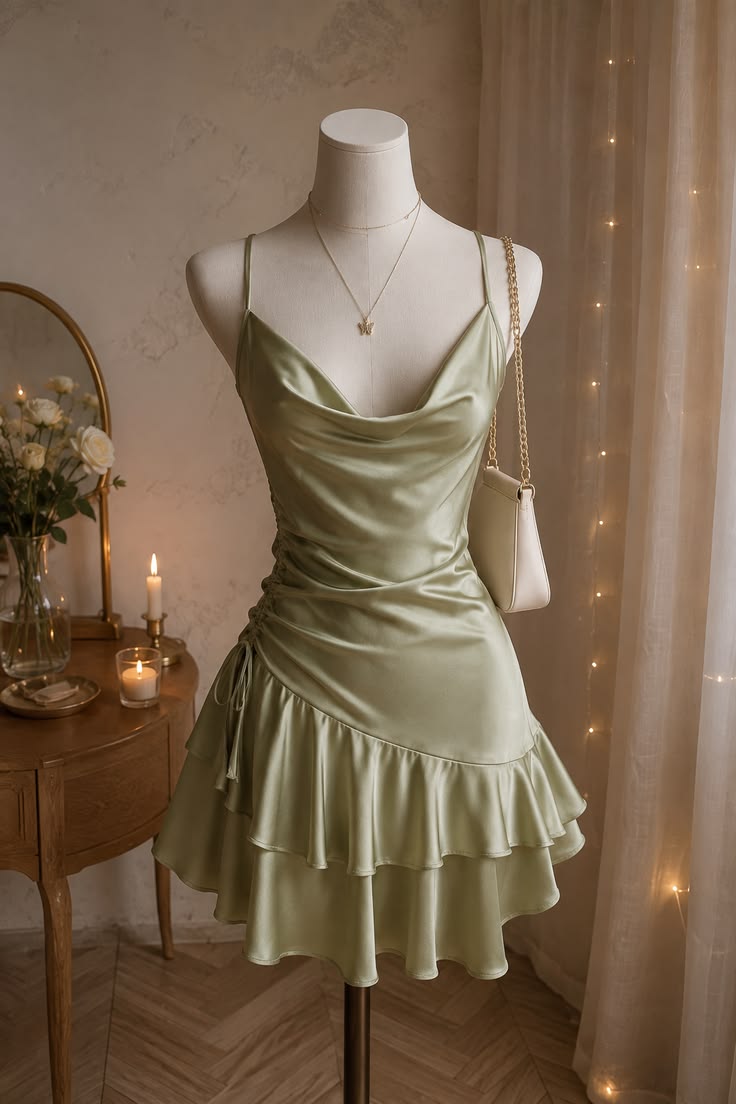 Spaghetti Straps Green Ruffled Satin Homecoming Dress  J11613