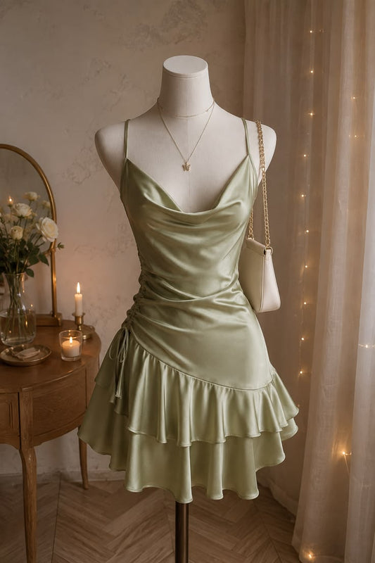 Spaghetti Straps Green Ruffled Satin Homecoming Dress  J11613