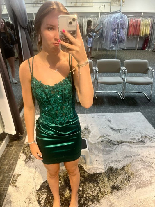 Spaghetti Straps Green Satin Homecoming Dress Short Party Dress  J11130