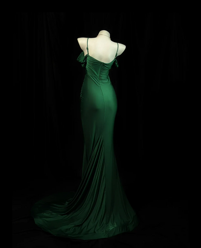 Spaghetti Straps Green Satin Mermaid Prom Dress Formal Evening Dress  J10059