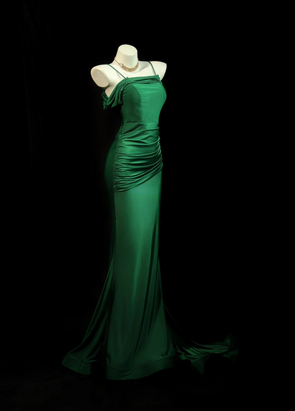 Spaghetti Straps Green Satin Mermaid Prom Dress Formal Evening Dress  J10059
