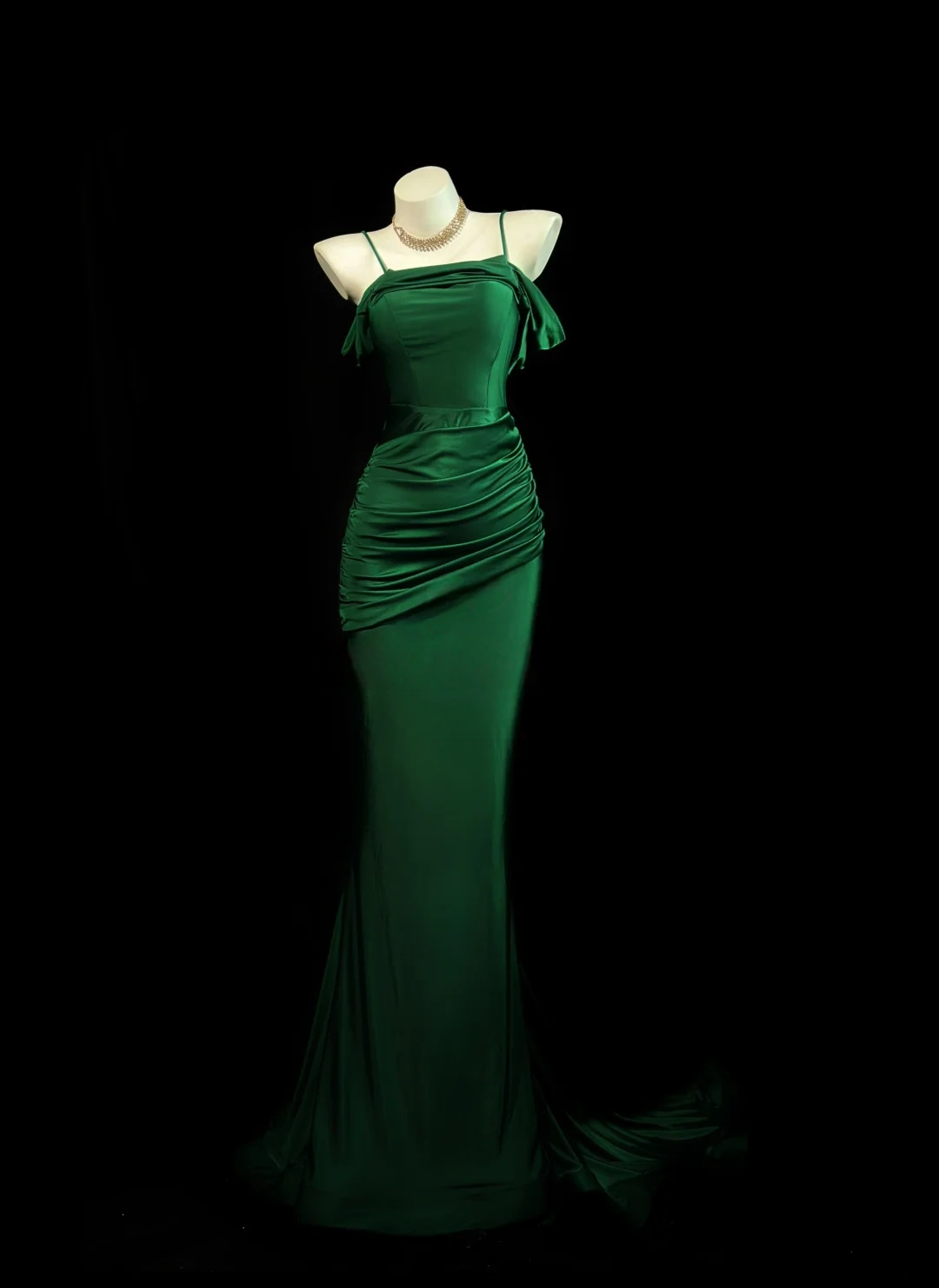 Spaghetti Straps Green Satin Mermaid Prom Dress Formal Evening Dress  J10059