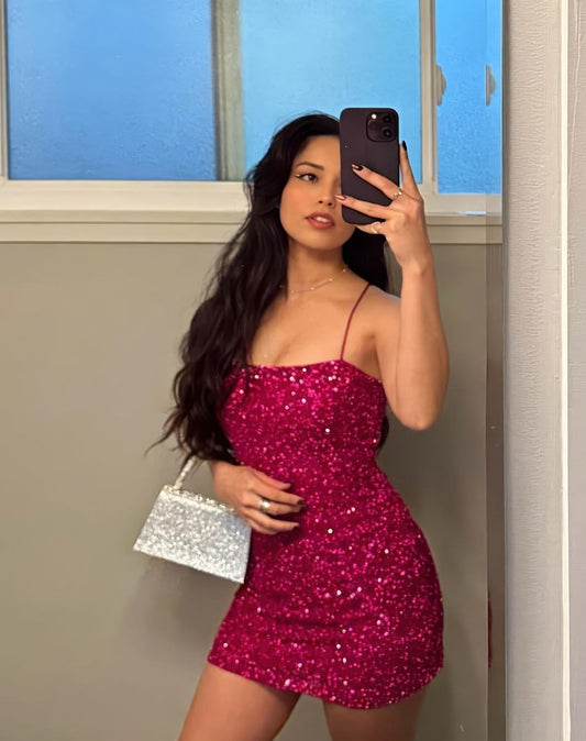 Spaghetti Straps Hot Pink Sequin Sheath Homecoming Dress  J11103