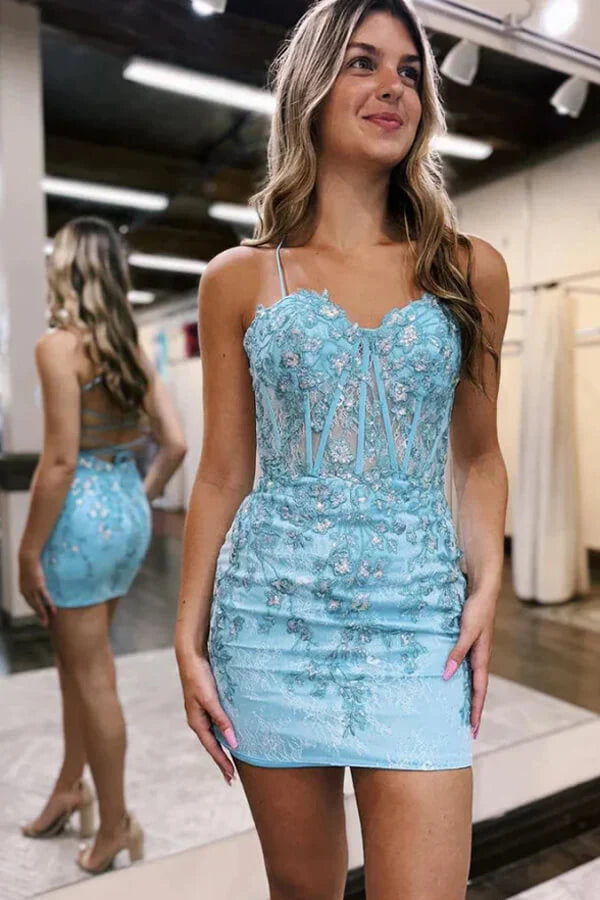 Spaghetti Straps Lace Sheath Applique Mini Homecoming Dress  J11671