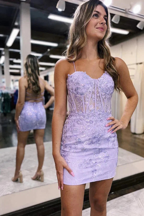 Spaghetti Straps Lace Sheath Applique Mini Homecoming Dress  J11671