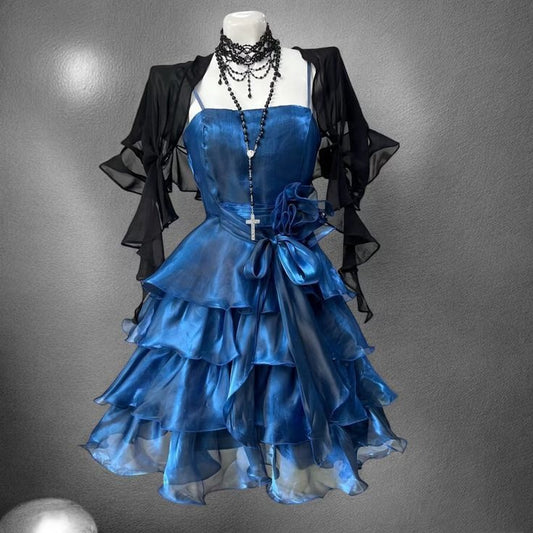 Spaghetti Straps Layered Navy Blue Homecoming Dress Ruffled Birthday Dress J10976
