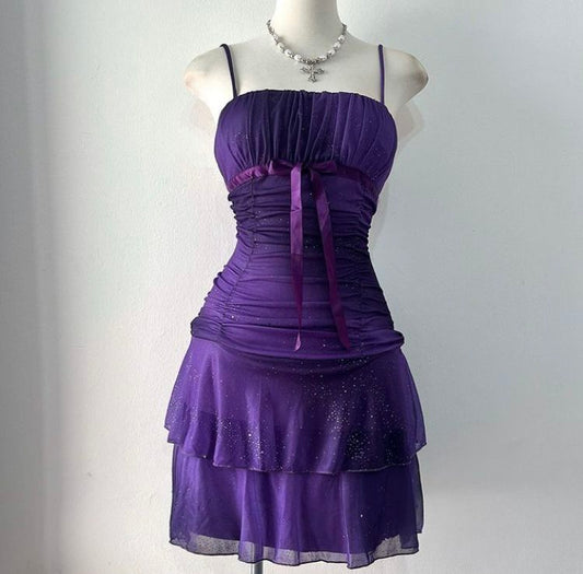 Spaghetti Straps Layered Purple Homecoming Dress Ruffled Birthday Dress  J11204