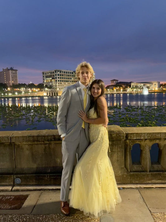 Spaghetti Straps Mermaid Yellow Tulle Prom Dress Open Back Evening Gown   J11181