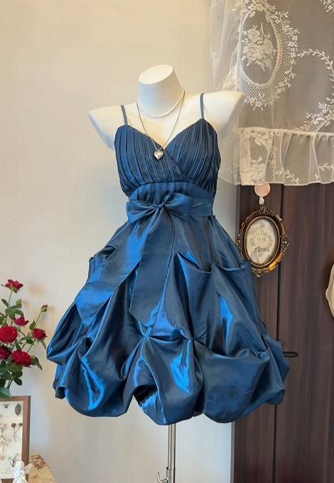 Spaghetti Straps Navy Blue A Line Retro Birthday Dress  J11718