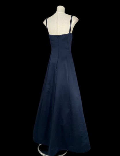 Spaghetti Straps Navy Blue Beaded Satin Formal Prom Dress  J11898