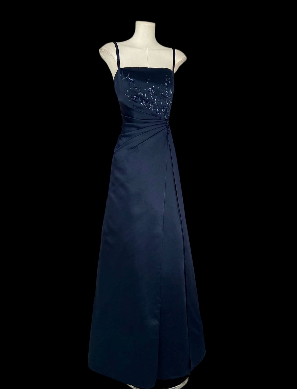 Spaghetti Straps Navy Blue Beaded Satin Formal Prom Dress  J11898