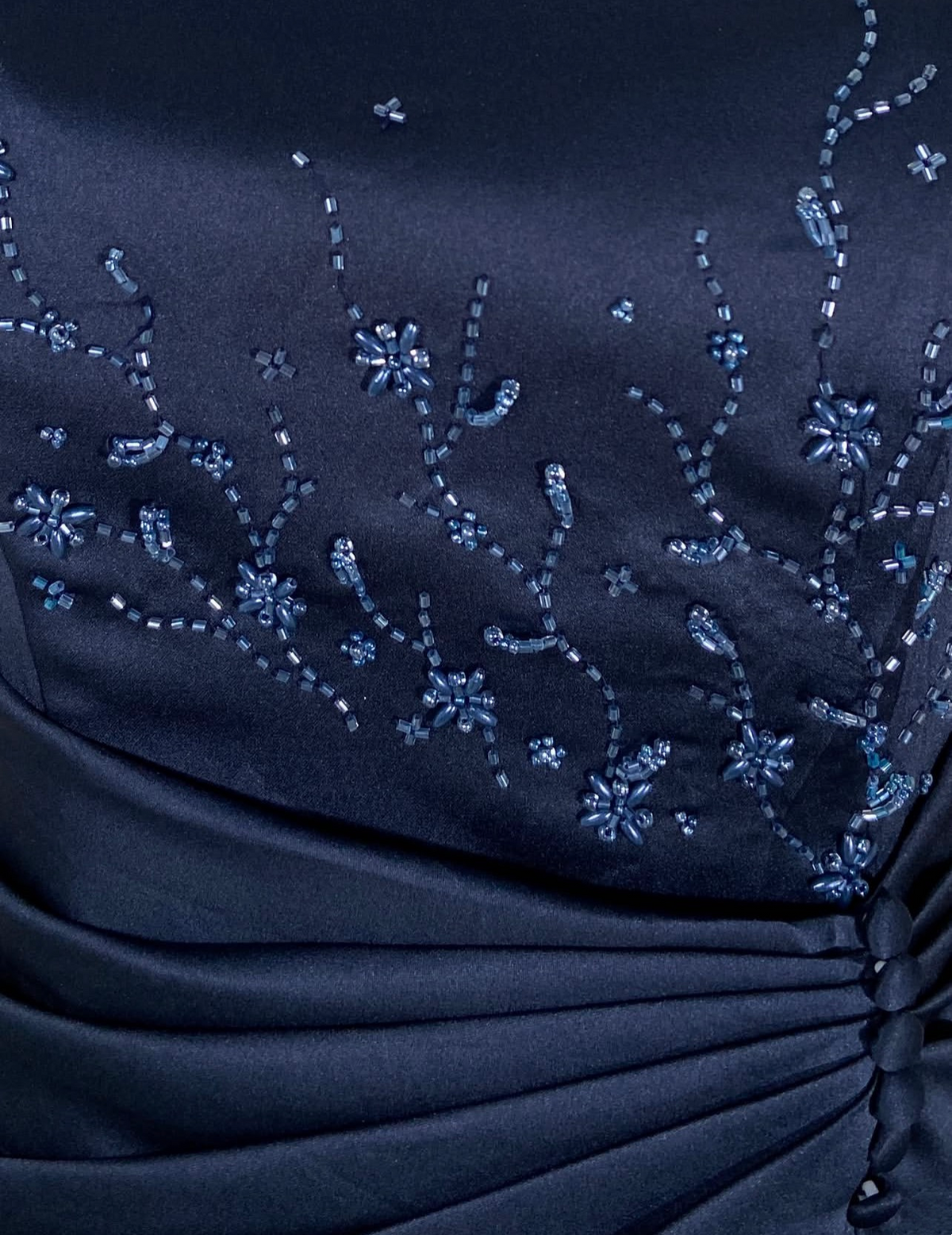 Spaghetti Straps Navy Blue Beaded Satin Formal Prom Dress  J11898