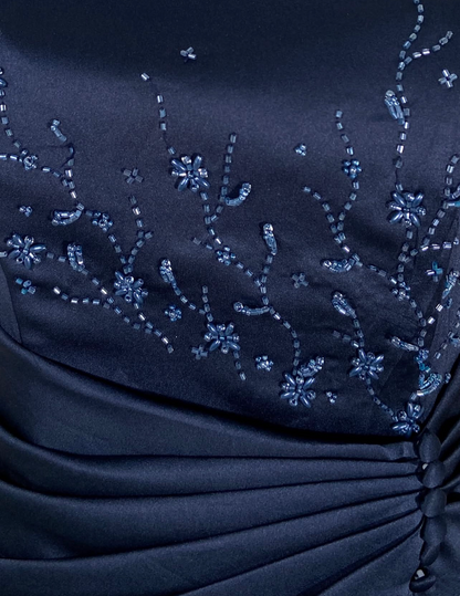 Spaghetti Straps Navy Blue Beaded Satin Formal Prom Dress  J11898