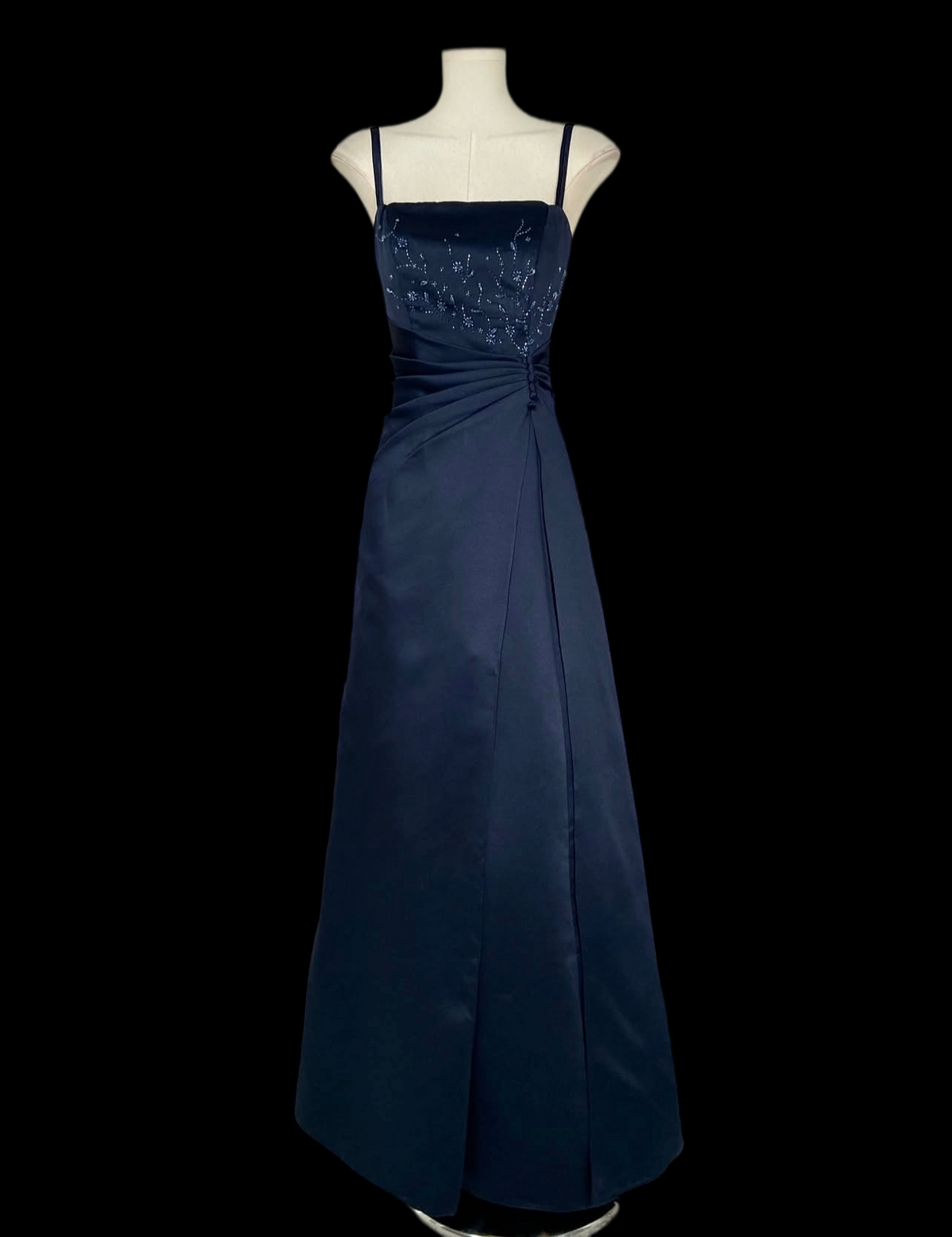 Spaghetti Straps Navy Blue Beaded Satin Formal Prom Dress  J11898