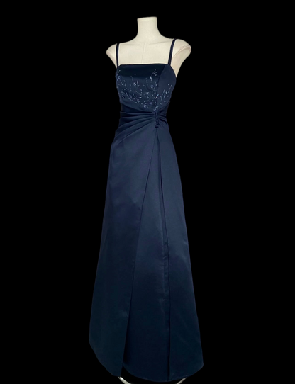 Spaghetti Straps Navy Blue Beaded Satin Formal Prom Dress  J11898