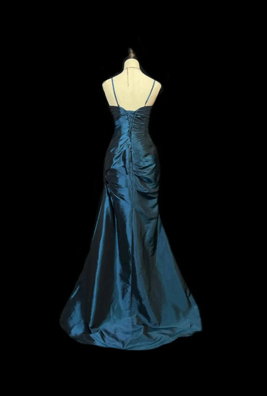 Spaghetti Straps Navy Blue Satin Mermaid Formal Prom Dress  J12215