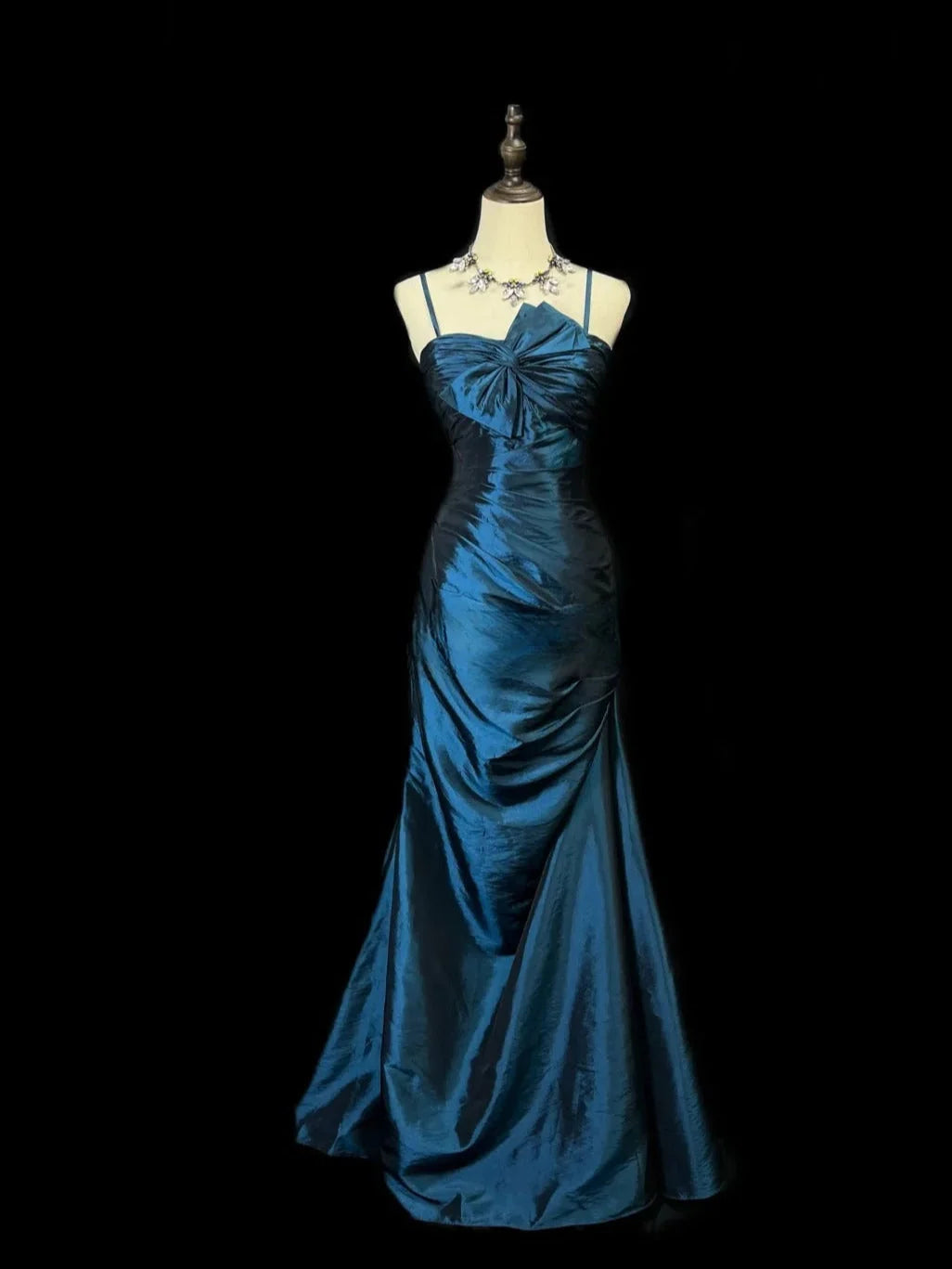 Spaghetti Straps Navy Blue Satin Mermaid Formal Prom Dress  J12215