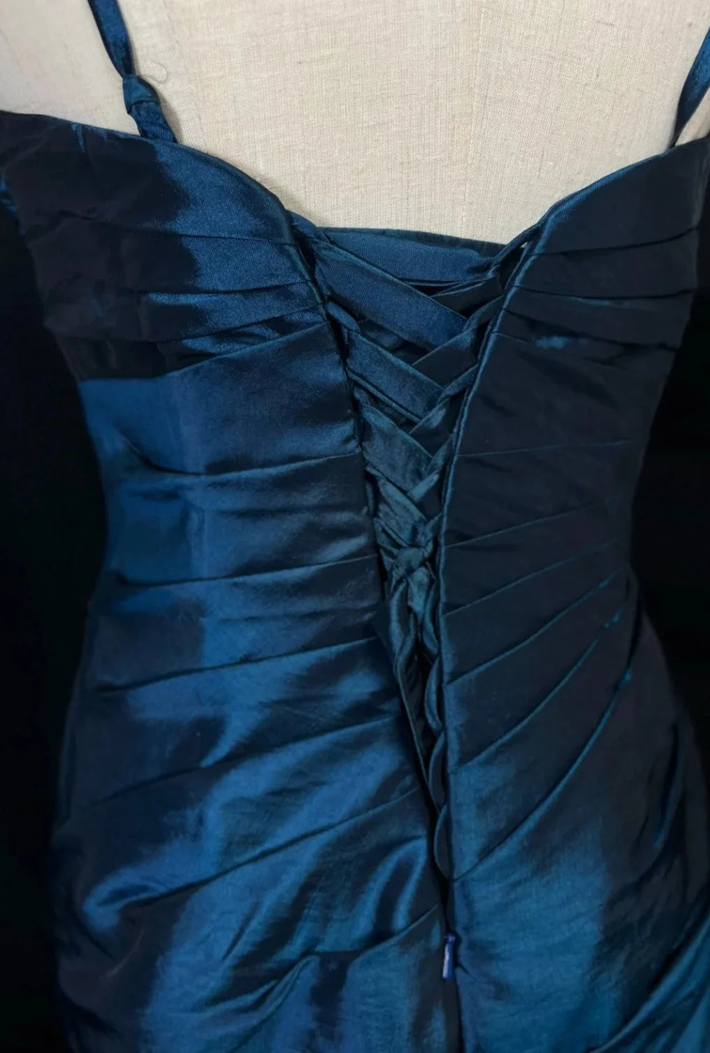 Spaghetti Straps Navy Blue Satin Mermaid Formal Prom Dress  J12215