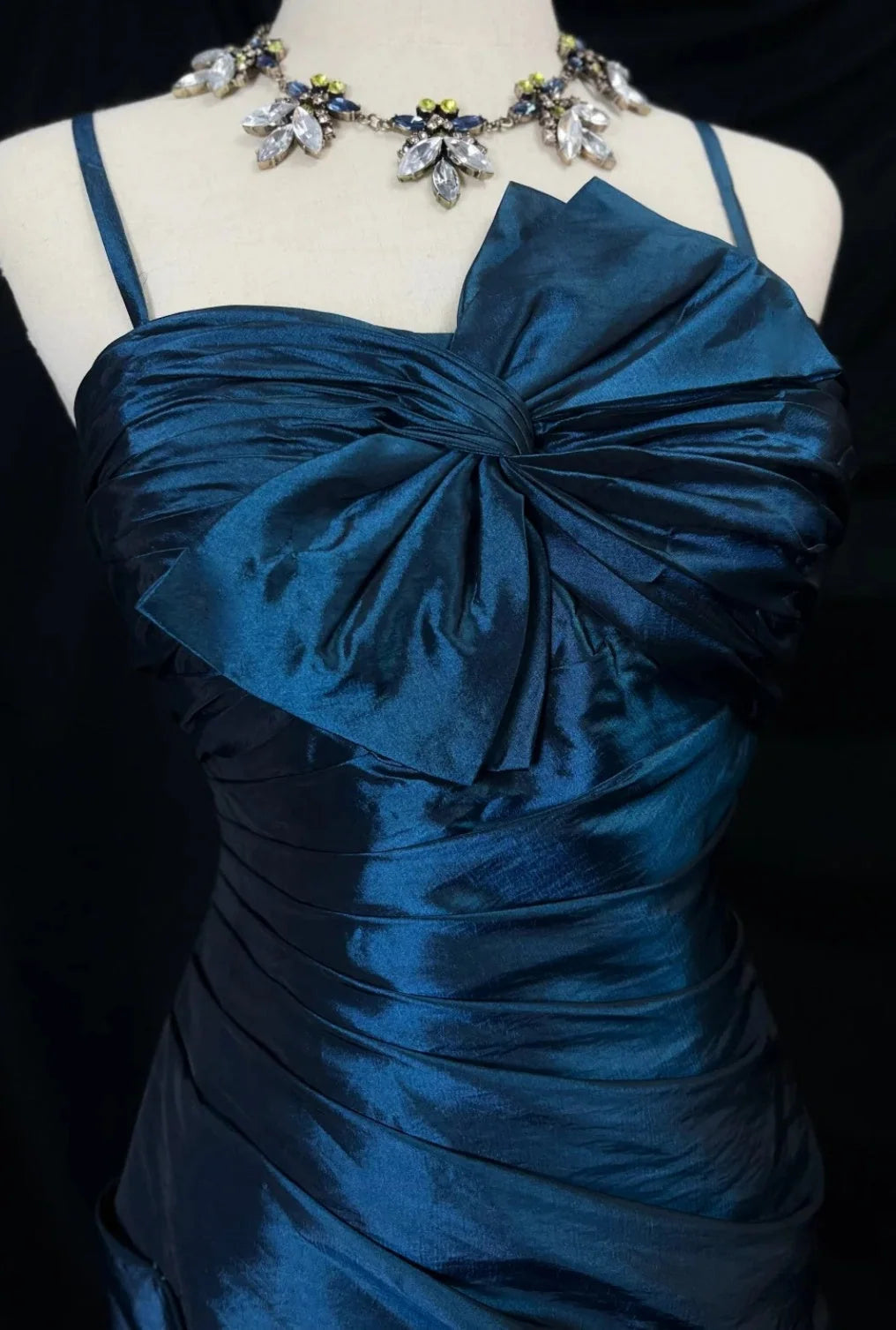 Spaghetti Straps Navy Blue Satin Mermaid Formal Prom Dress  J12215