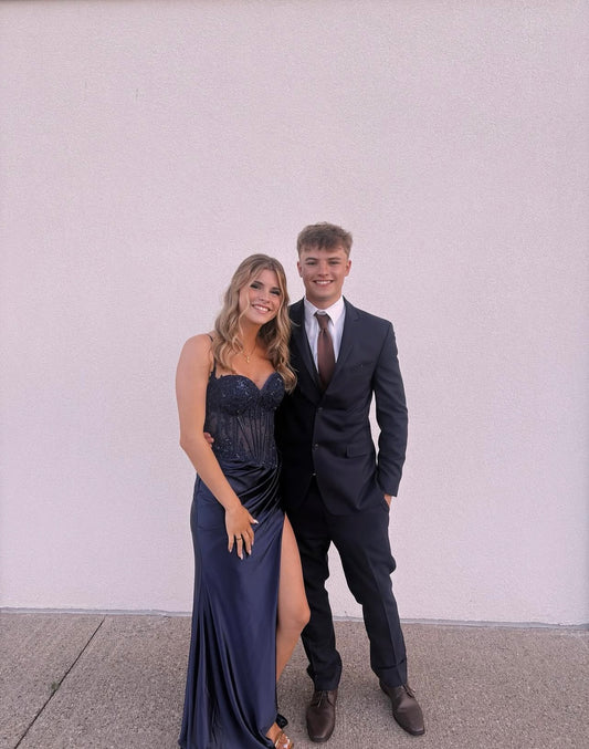 Spaghetti Straps Navy Blue Satin Prom Mermaid Evening Dress J10733