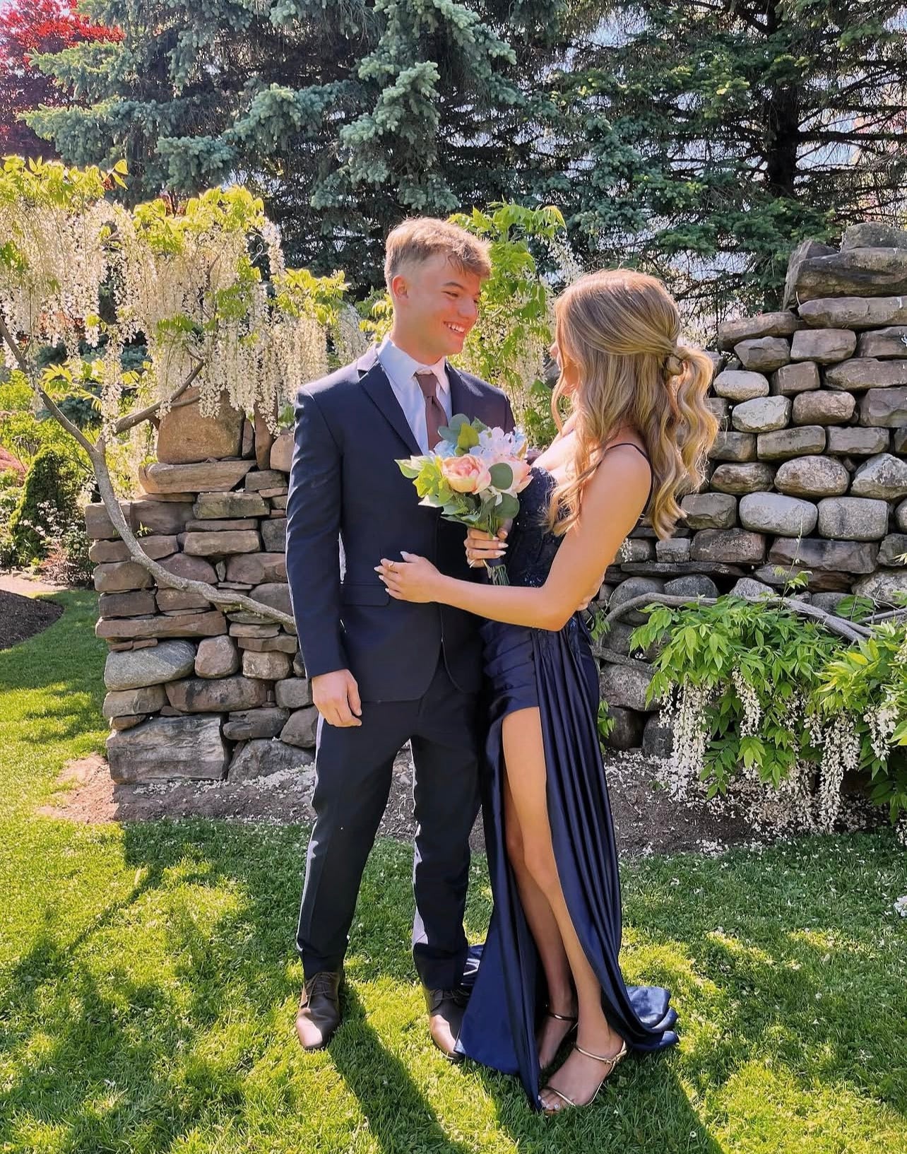 Spaghetti Straps Navy Blue Satin Prom Mermaid Evening Dress J10733